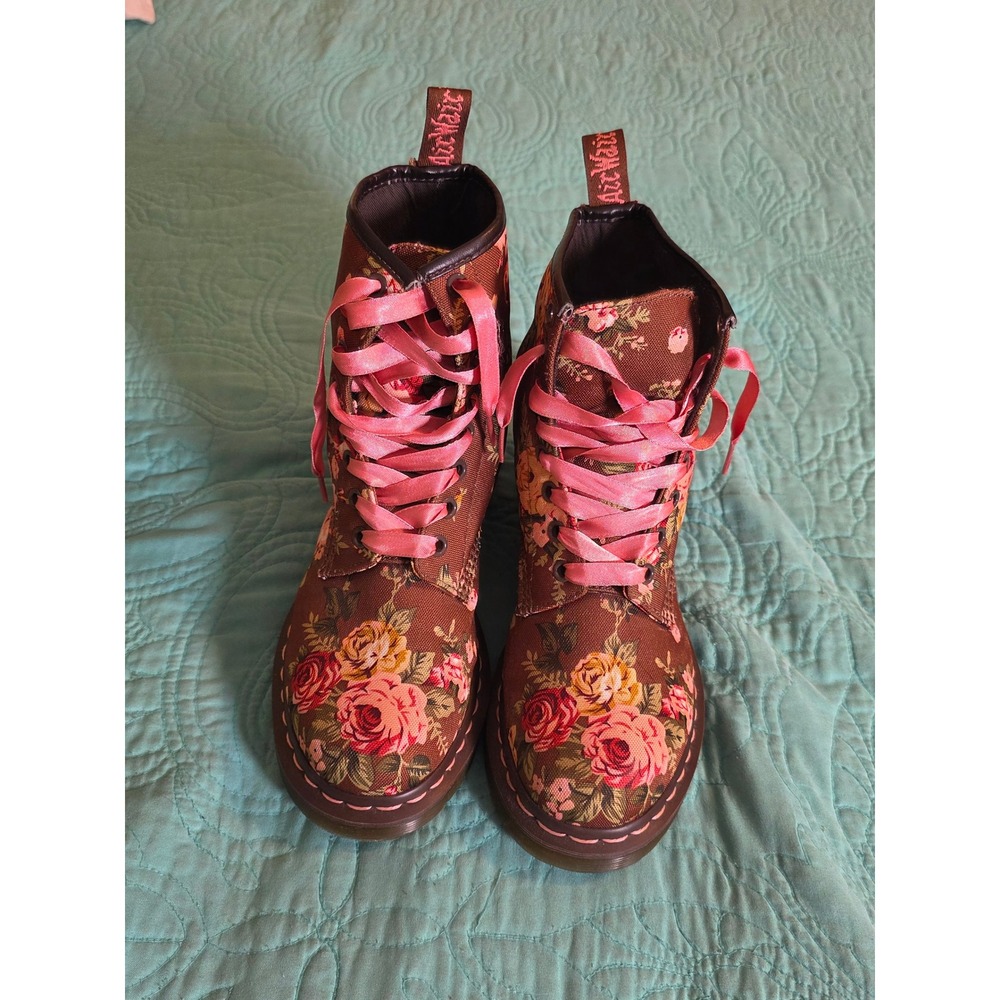 Dr. Martens 1460 Victorian Flowers Brown Floral Canvas Boots 11821 Pink Laces